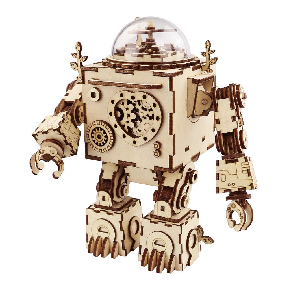 Fuego Cloud 3D Wooden Mechanical DIY Model Kit bbop robot standing with right hand extended out
